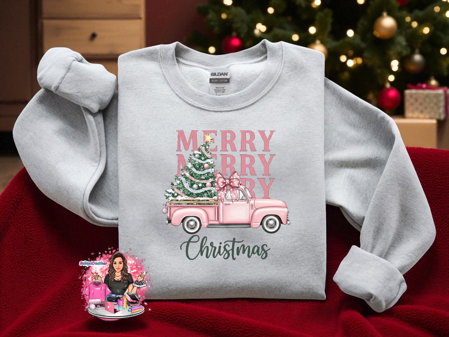 Pink Truck Merry Christmas Crewneck